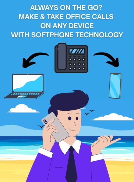 digifone maxtech agency 3cx graphic of a man taking a phone call on a beach using softphone technology
